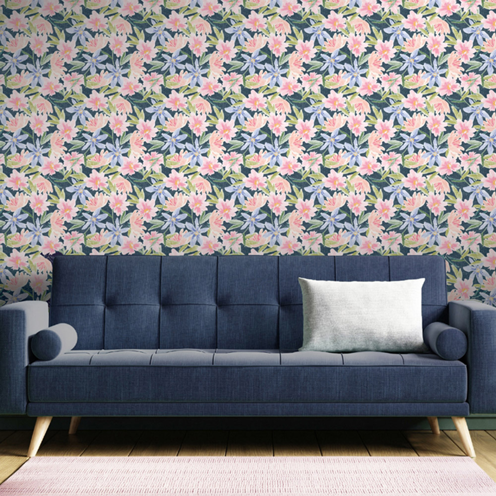 Arthouse Watercolour Floral Navy Wallpaper Image 3