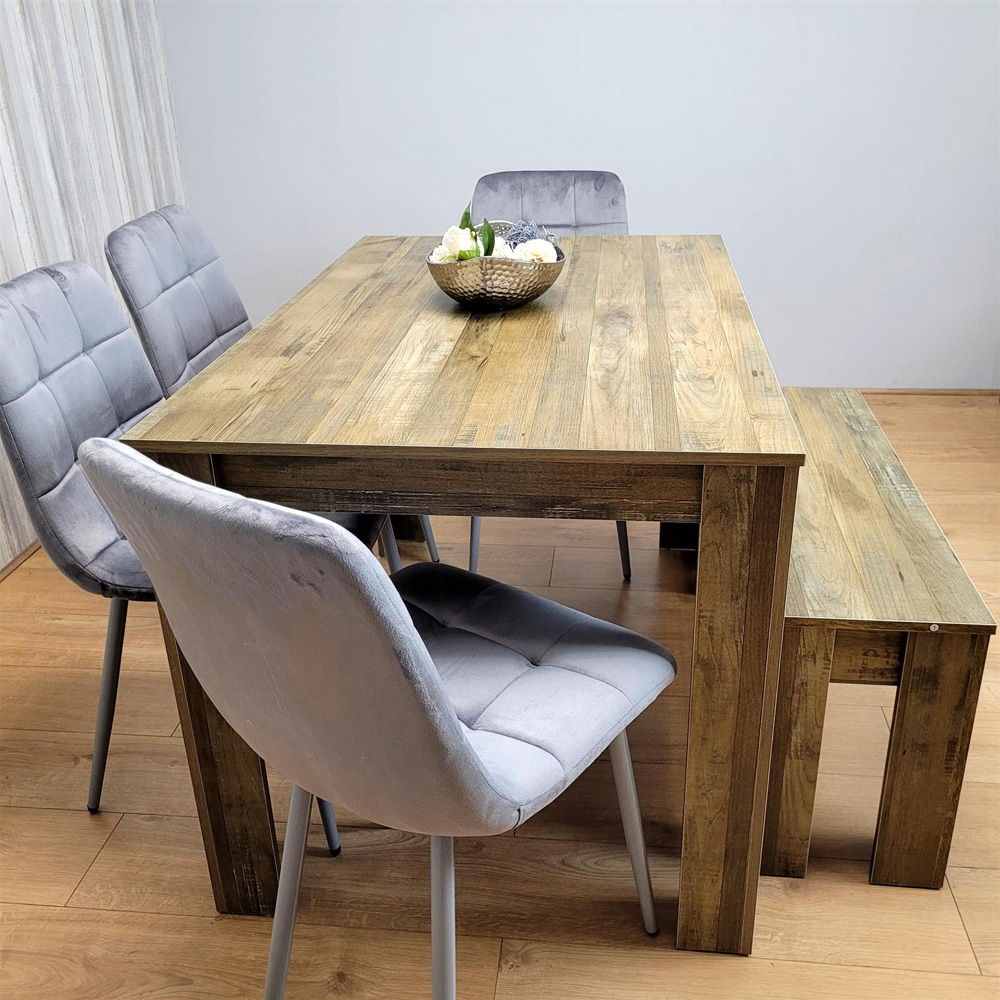 Portland 6 Seater Velvet Dining Bench Set Rustic Effect and Grey Image 6