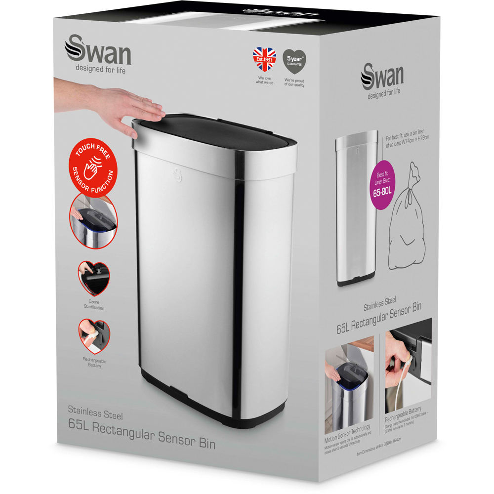 Swan Silver Stainless Steel Rectangular Sensor Bin 65L Image 2