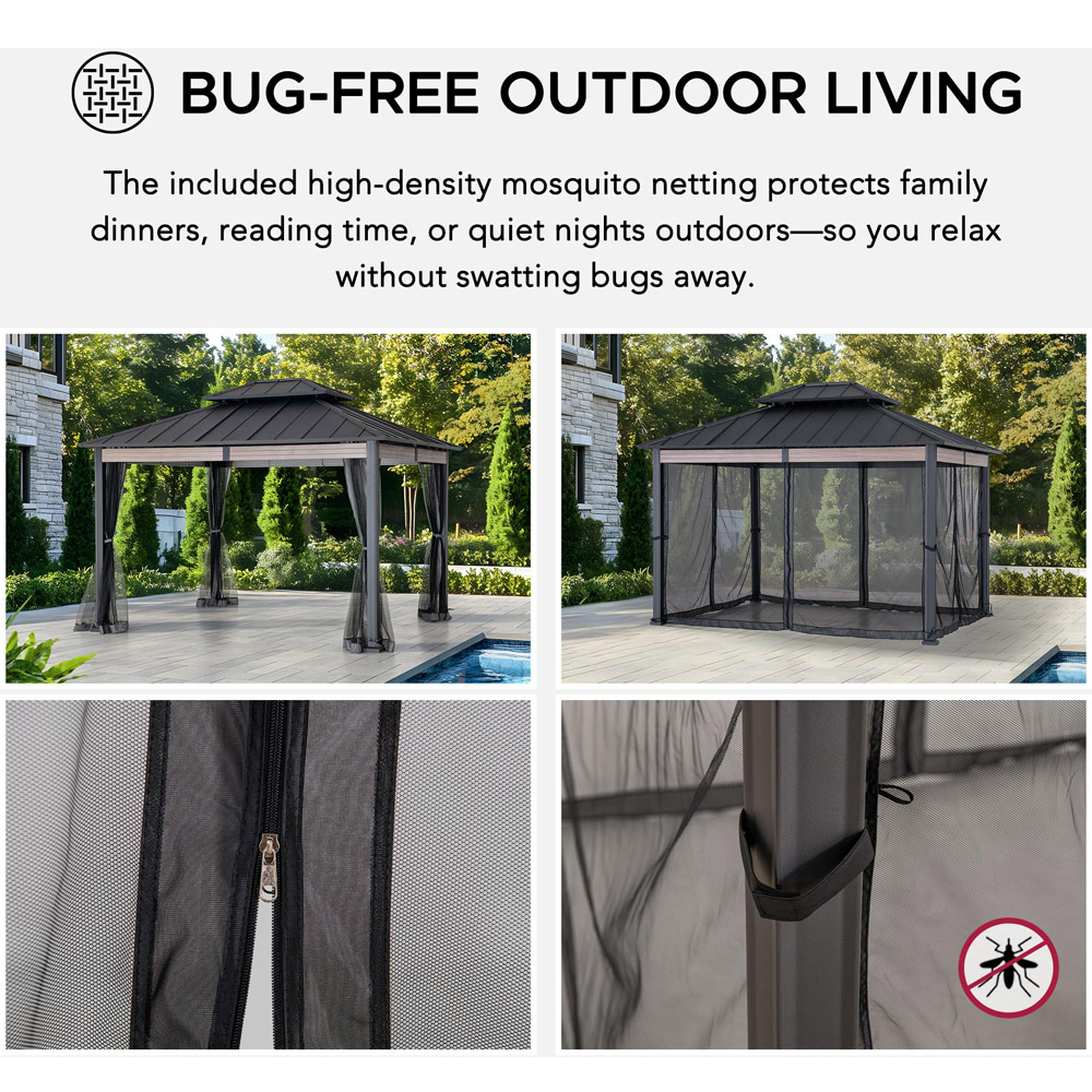 Sunjoy 3.6 x 3m Heavy-Duty Hardtop Gazebo with Mosquito Netting and Wood-Look Beams Image 5