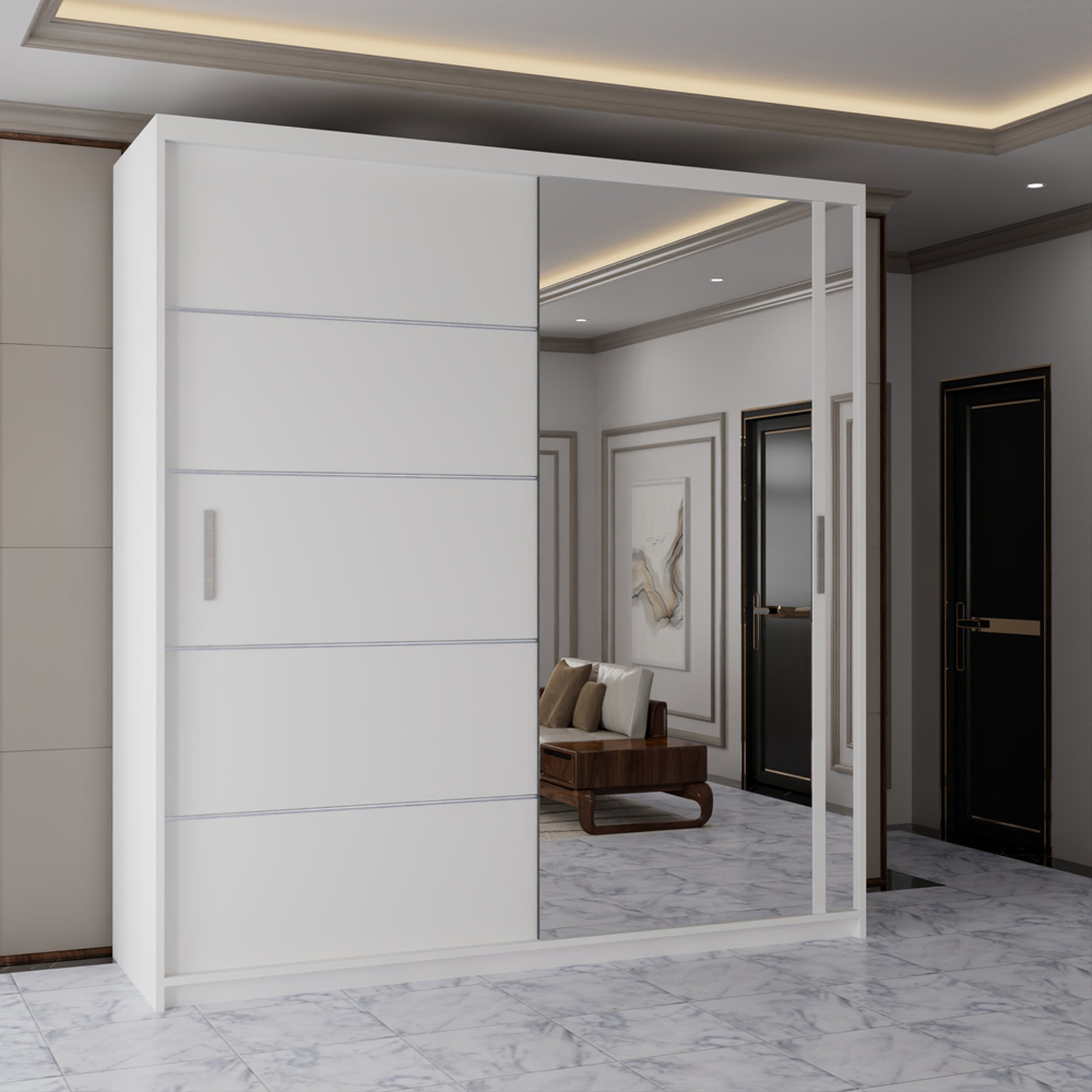 Sliding Wardrobes 4U 2 Sliding Door White Modern Mirrored Wardrobe with Adjustable Shelf Image 3