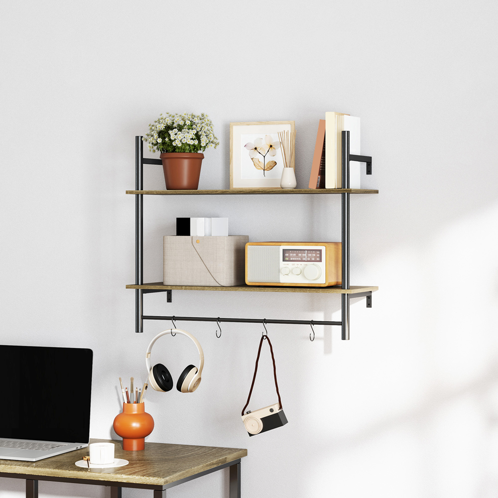 Portland 2 Tier Grey Wall Shelf Unit with 4 Hooks Image 5