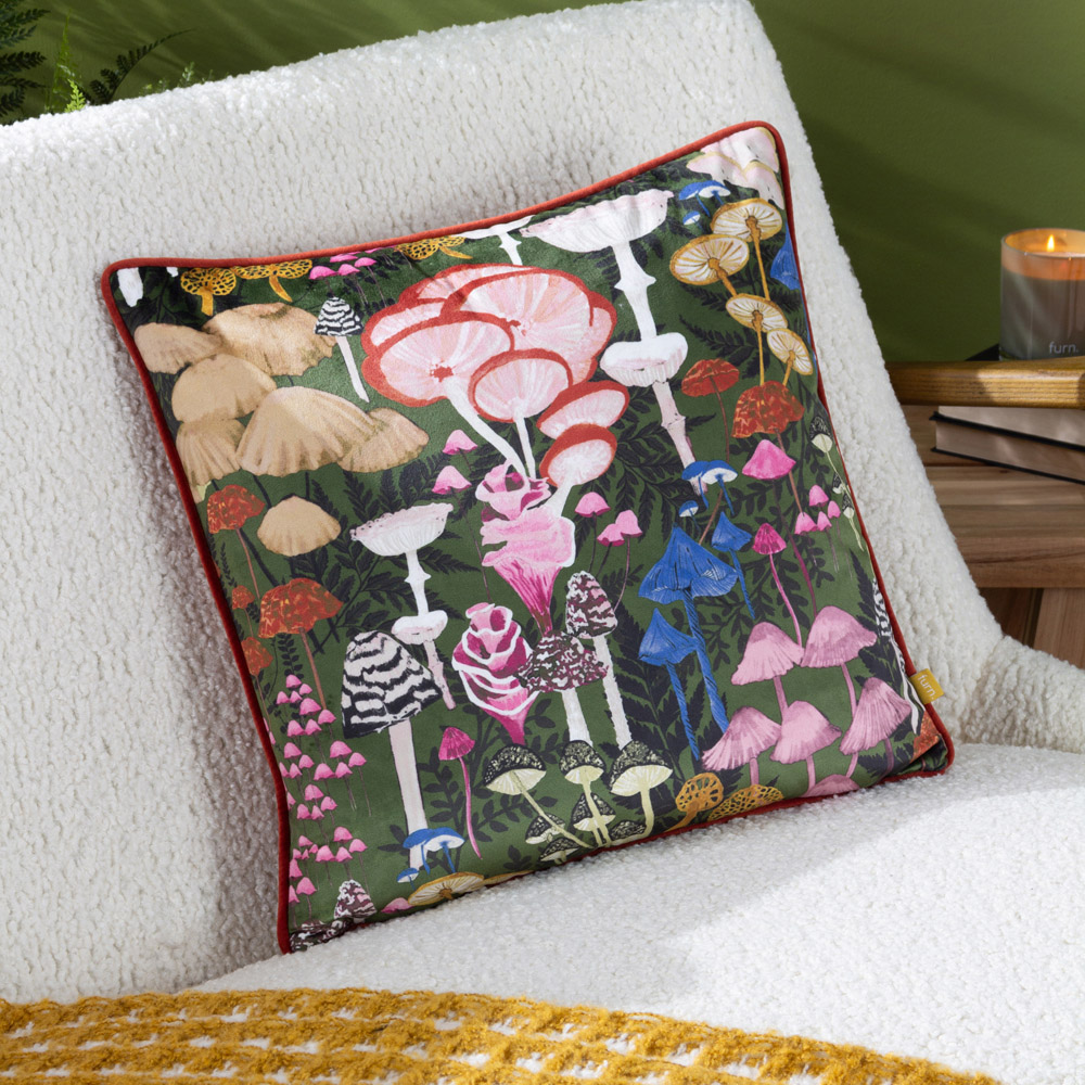 furn. Amanita Green Velvet Piped Cushion Image 2