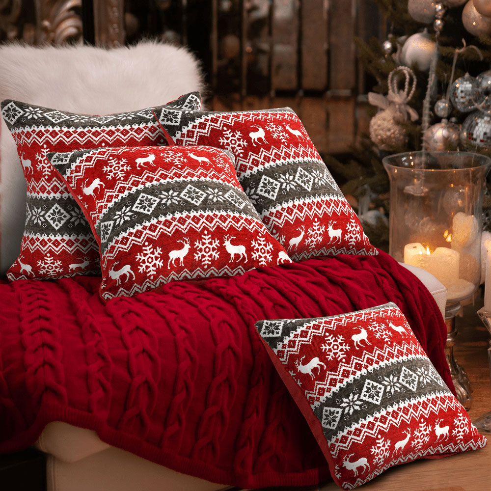 Noel Square Red and Grey Nordic Cotton Chenille Cushion Image 3