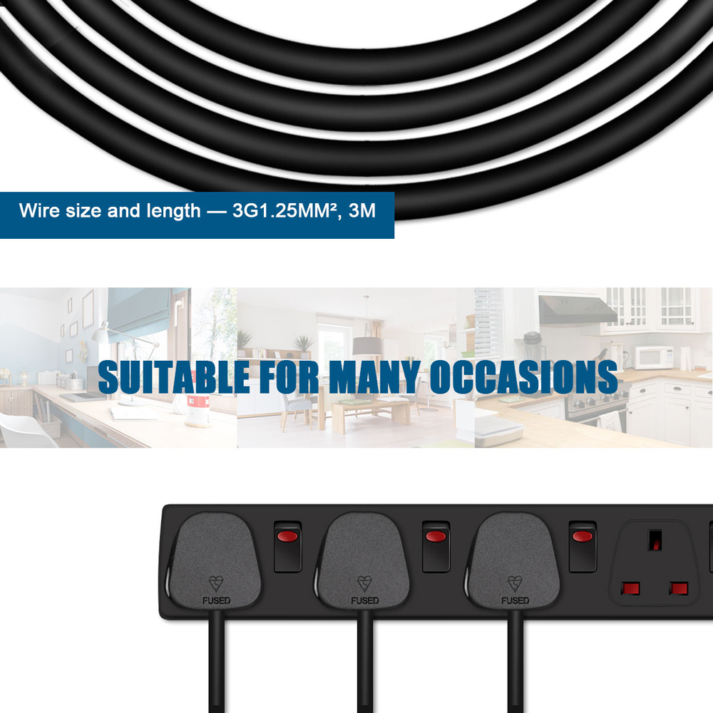 ExtraStar Black 13A 3m 4 Socket Individually Switched Surge Protected Extension Lead Image 2