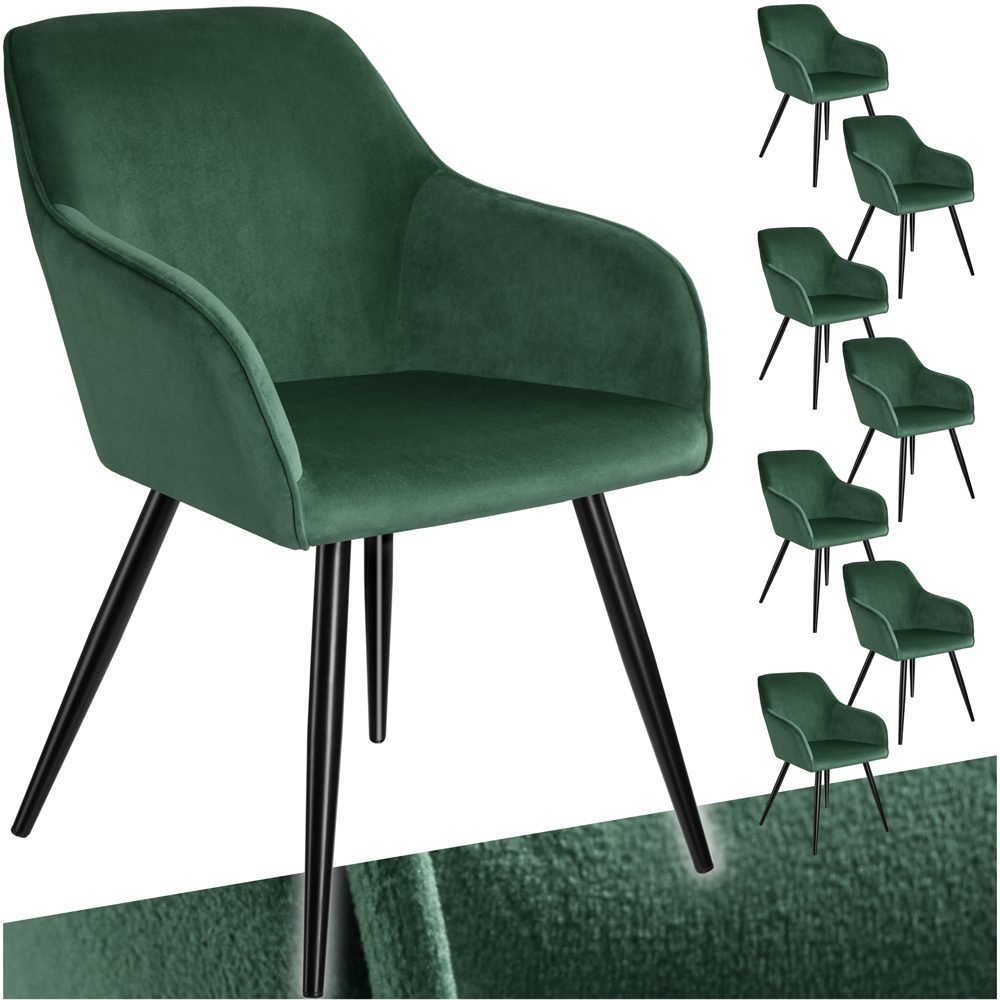 tectake Marilyn Set of 8 Dark Green and Black Velvet Look Padded Dining Chairs Image 2