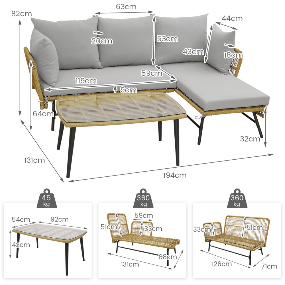 Costway 4 Seater Rattan Grey L Shaped Lounge Sofa Set Image 9