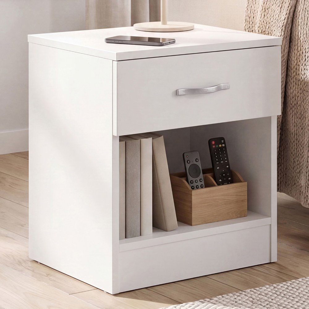 Vida Designs Riano Single Drawer Single Shelf White Melamine Finish Bedside Table Set of 2 Image 3