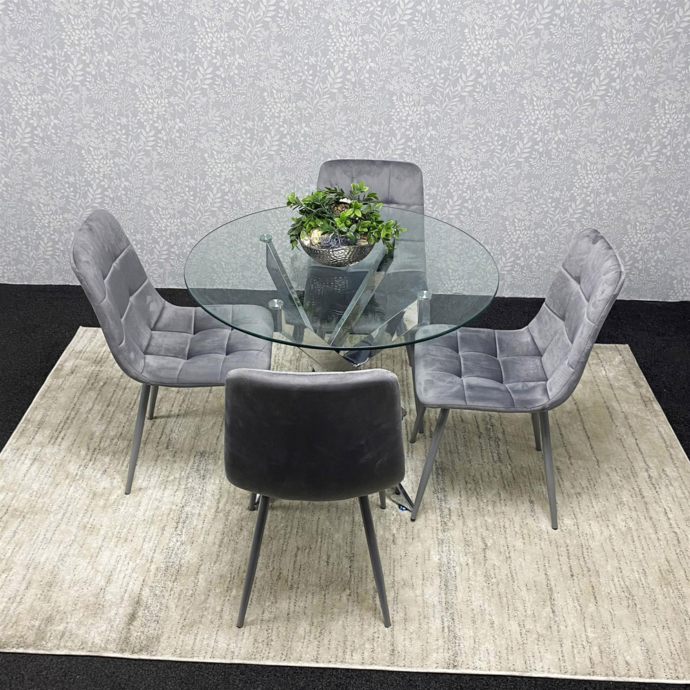 Kosy Koala 4 Seater Glass Round Dining Set Grey Velvet Image 4
