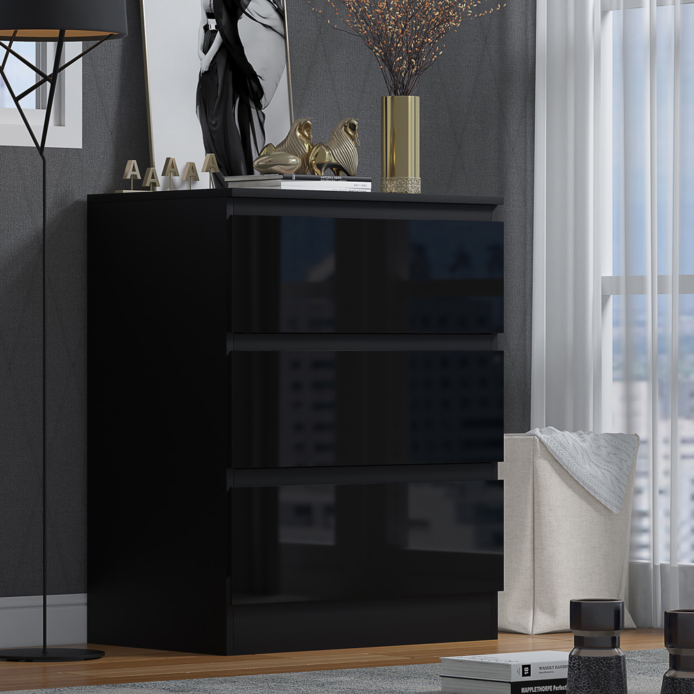 FWStyle Stora 3 Drawer Black Gloss Chest Of Drawers Image 5