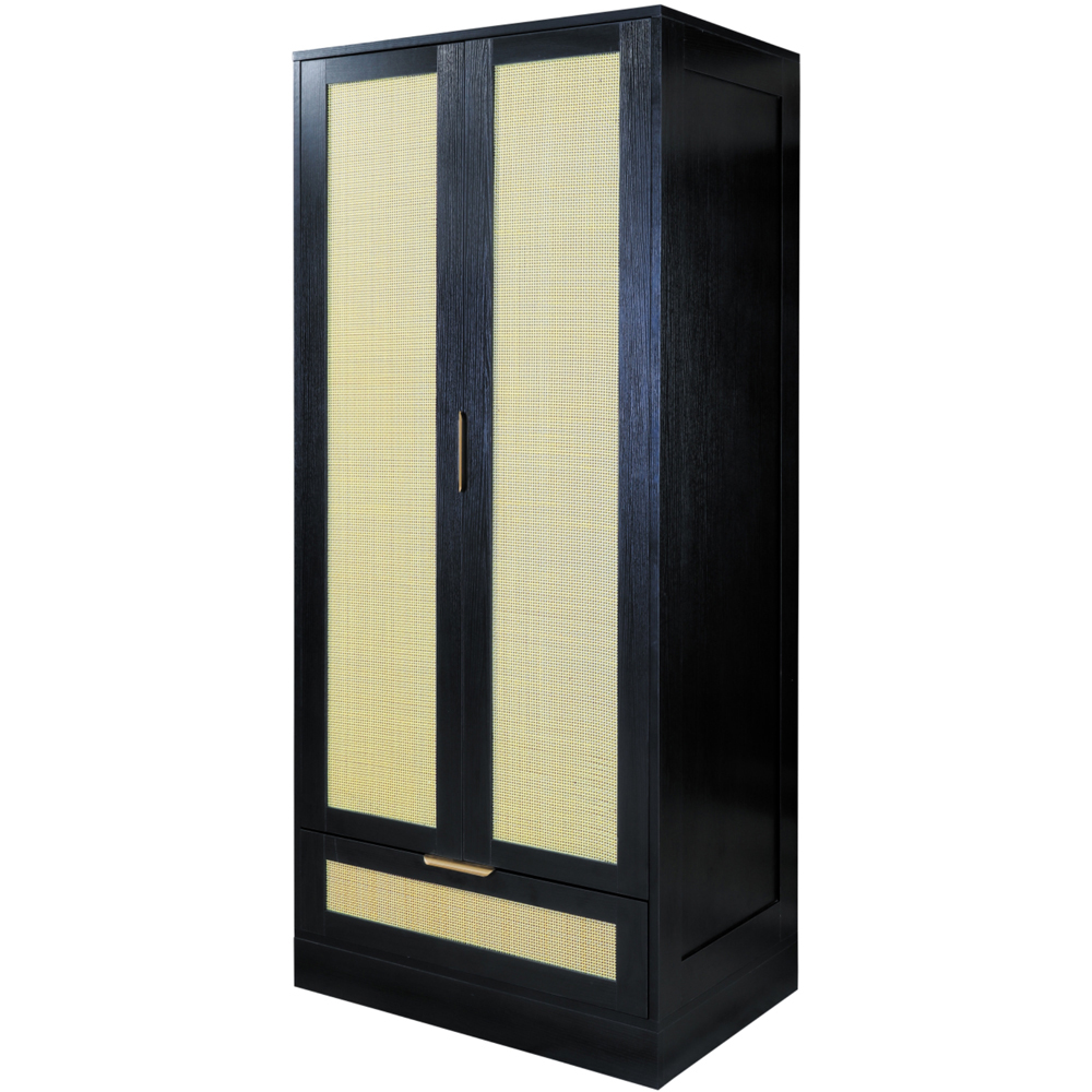Langham 2 Door Single Drawer Black Rattan Fluted Wardrobe Image 2