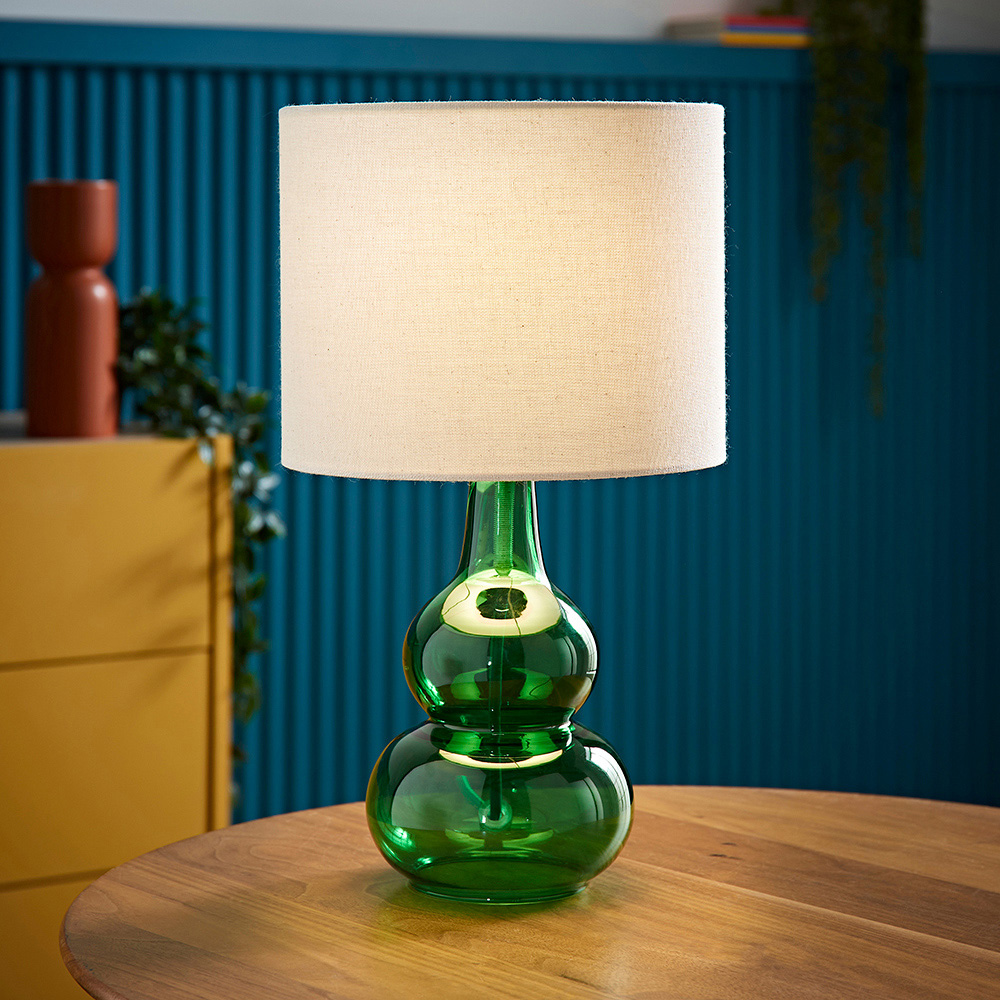 ValueLights Aida Natural Linen Tall Lamp Shade Green Bubble Glass LED Table Lamp Image 6