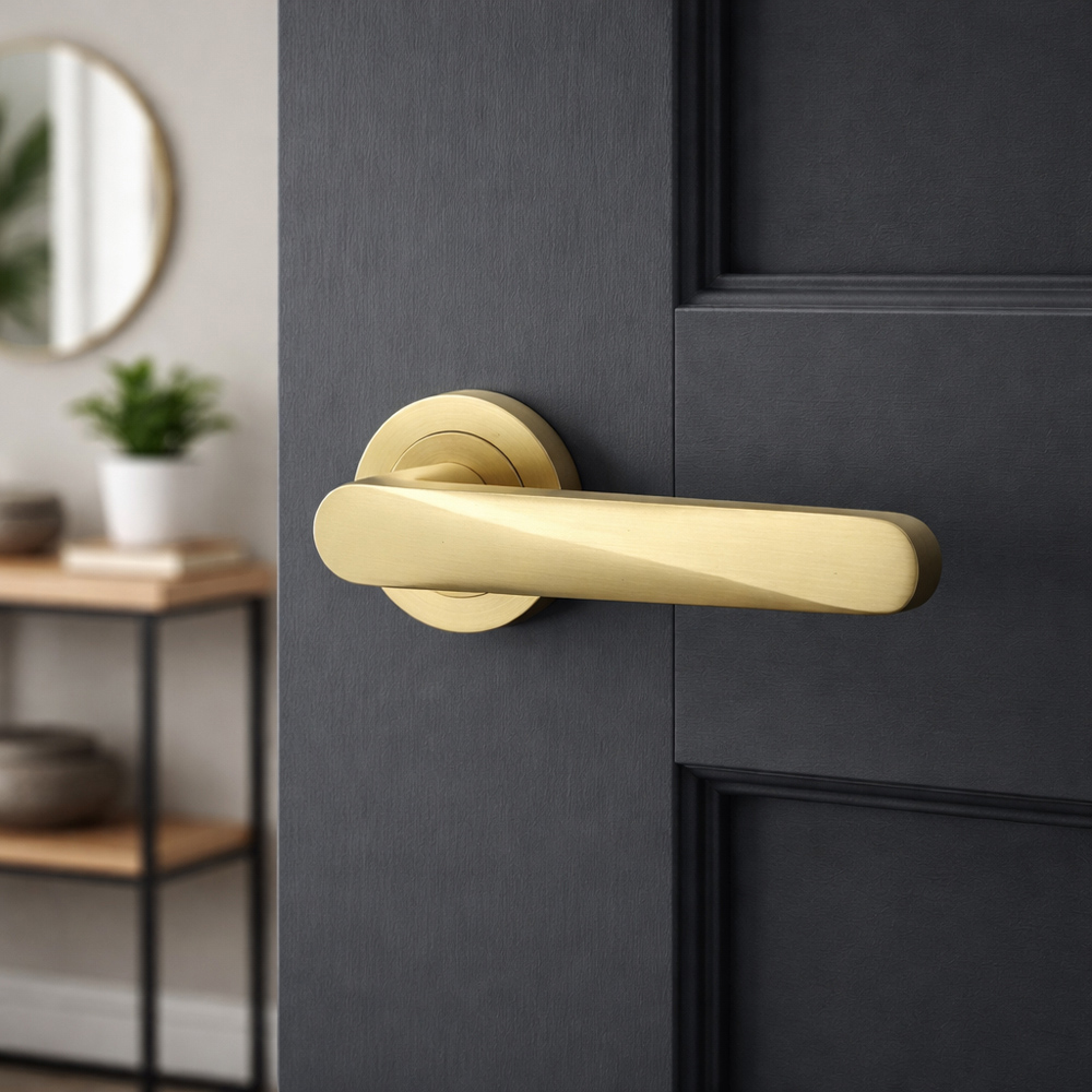 AXS Hardware Detroit Satin Brass Bathroom Door Handles on Rose Image 2