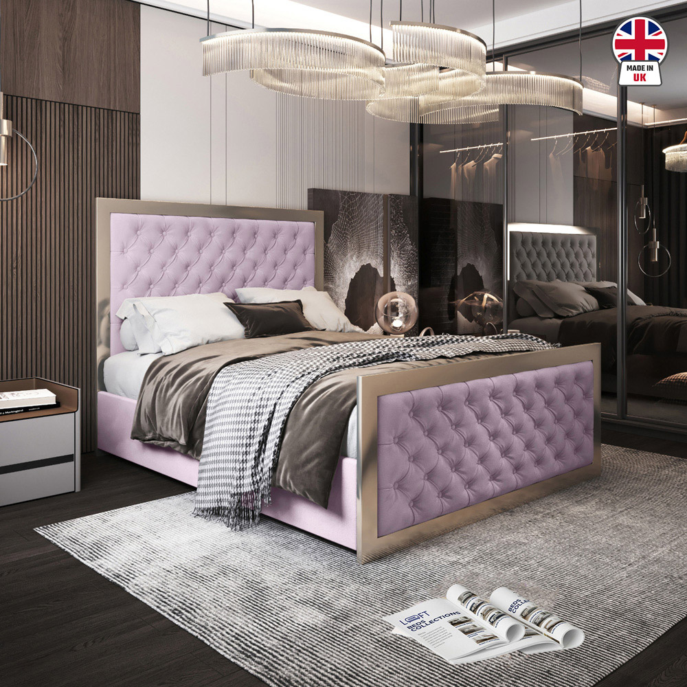 Maddison Pink King Size Velvet Upholstered Metal Bed Frame with Padded Headboard Image 6