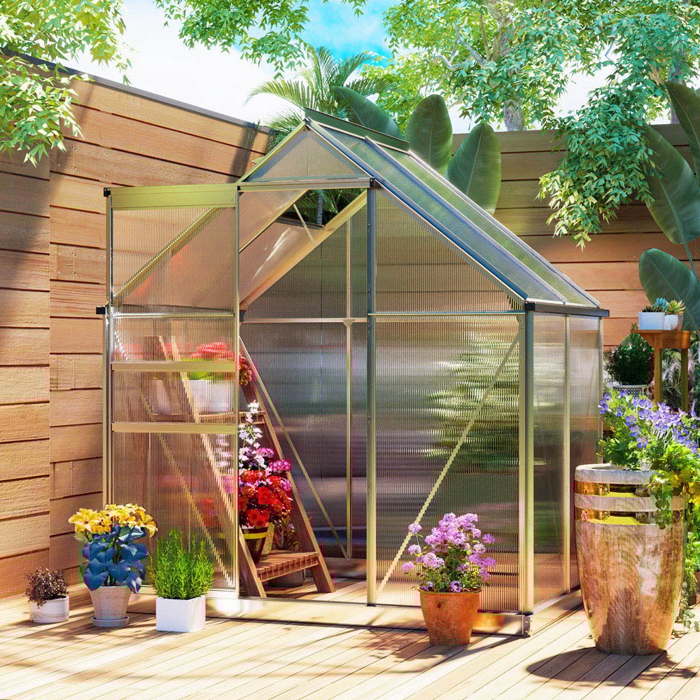 Outsunny 6.31 x 4.29ft Polycarbonate Walk In Garden Greenhouse Kit with Sliding Door Image 2