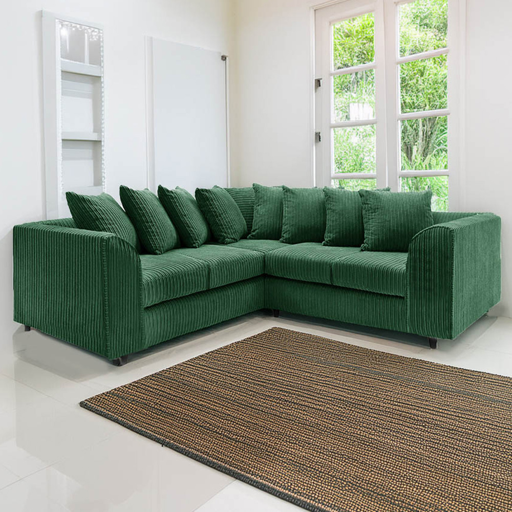 Luxor 5 Seater Green Jumbo Cord Scatter Back L Shaped Corner Sofa Set Image 1