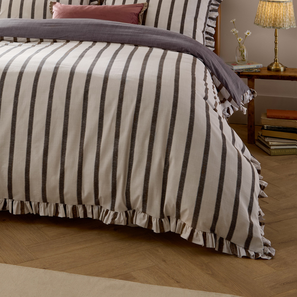 Wylder Nature Connie Chocolate Super King Size Striped Ruffle Duvet Set Image 3
