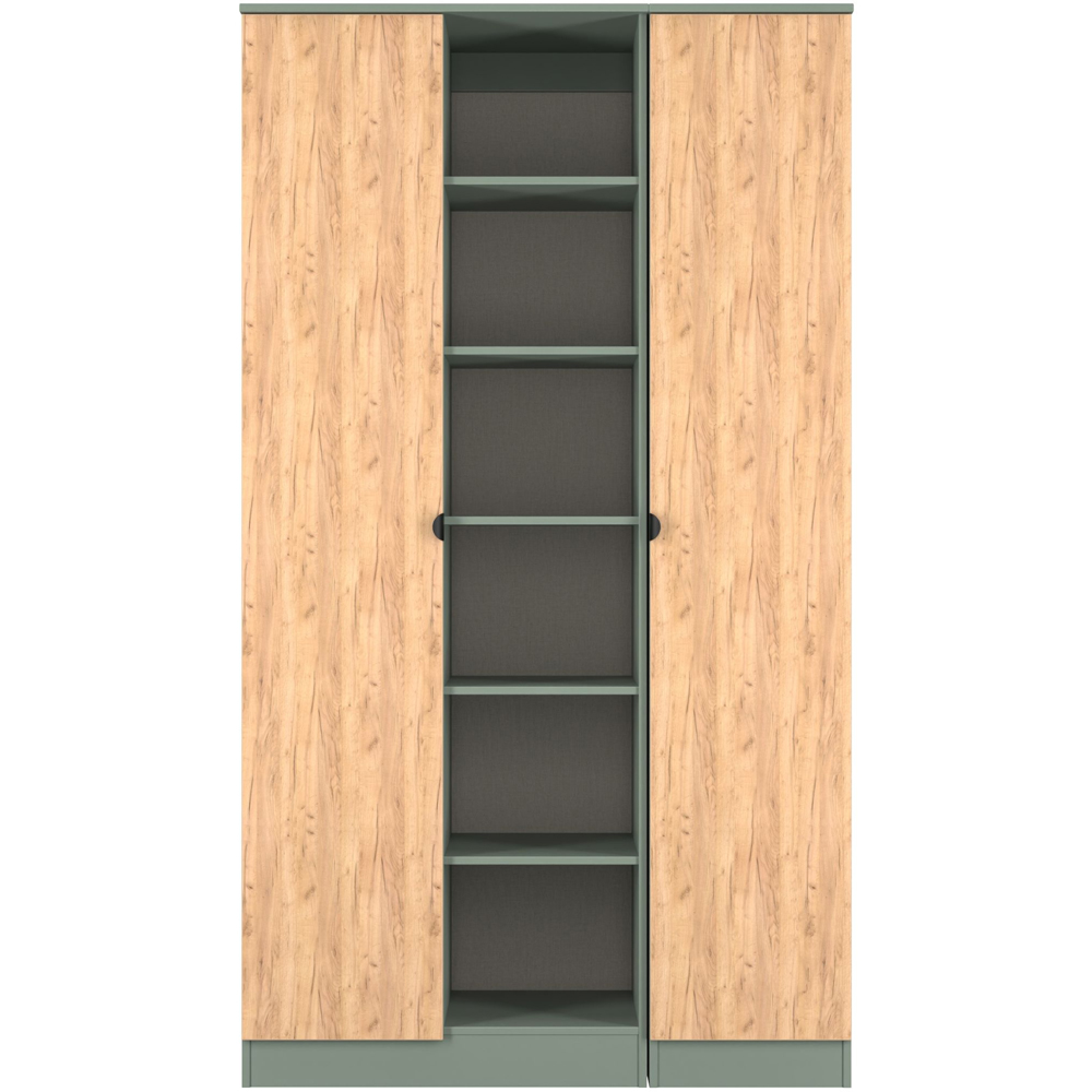 Crowndale Bora 2 Door 6 Shelf Gold Oak and Reed Green Triple Wardrobe Image 2