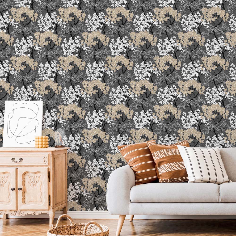 Fresco Lykke Tree Dark Charcoal and Natural Wallpaper Image 3