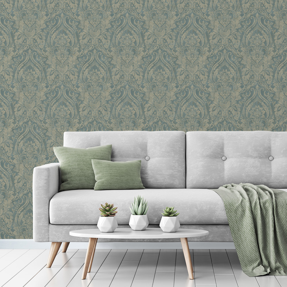 Grandeco Distressed Metallic Textured Damask Teal Wallpaper Image 2