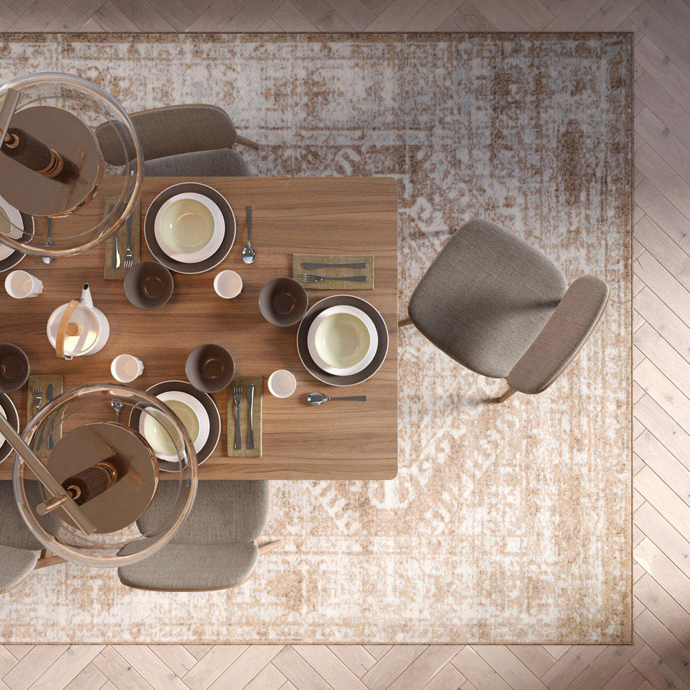 Kukoon Neutral and Beige Bordered Geometric Distressed Rug 150 x 80cm Image 2