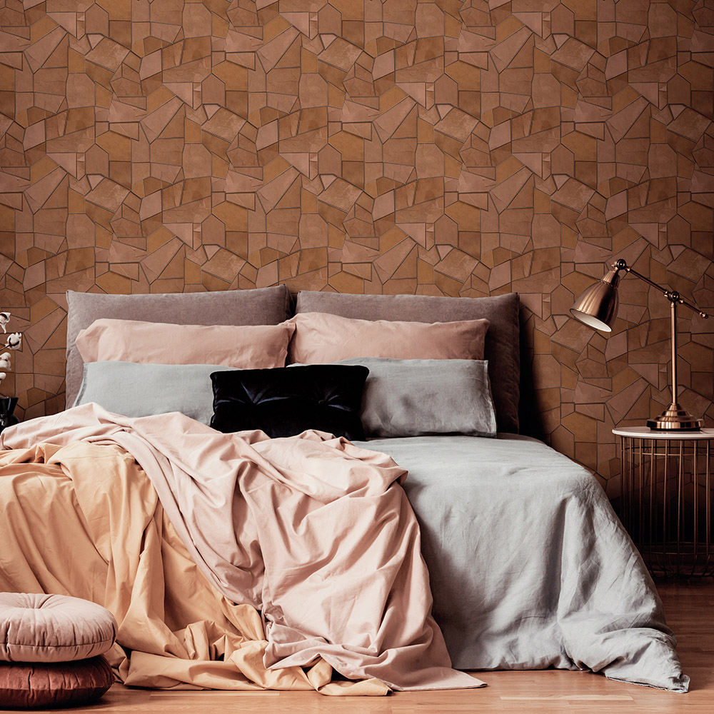 Elle Decoration Mosaique Brown and Copper Textured Vinyl Wallpaper by Erismann Image 2