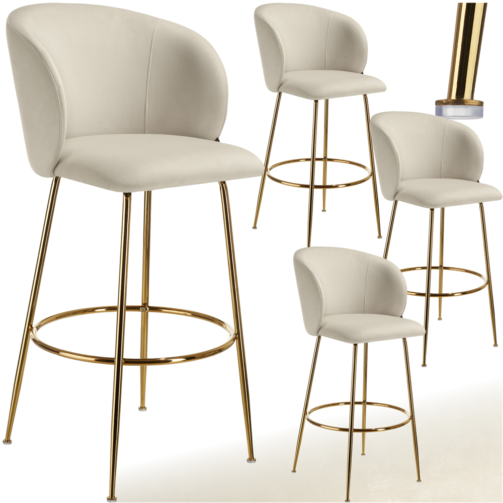 tectake Luana Cream and Gold Velvet Look Padded Bar Stool Set of 4 Image 2