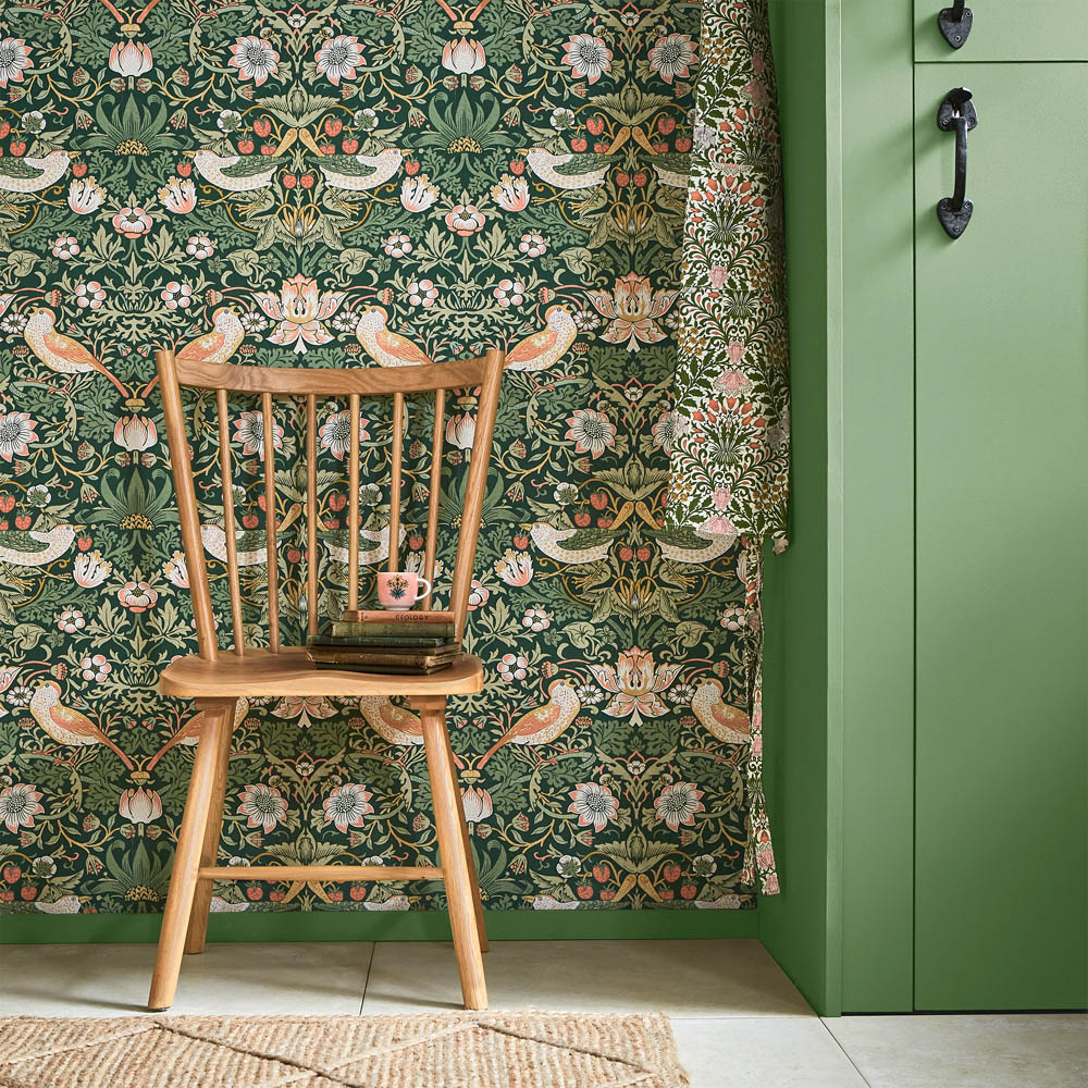 William Morris At Home Strawberry Thief Rich Green Wallpaper Image 3