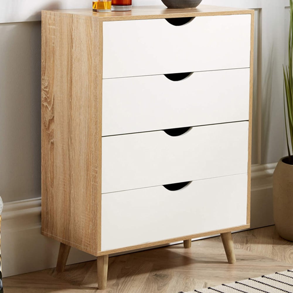 Home Source Boden 4 Drawer Oak and White Wide Chest of Drawers Image 1