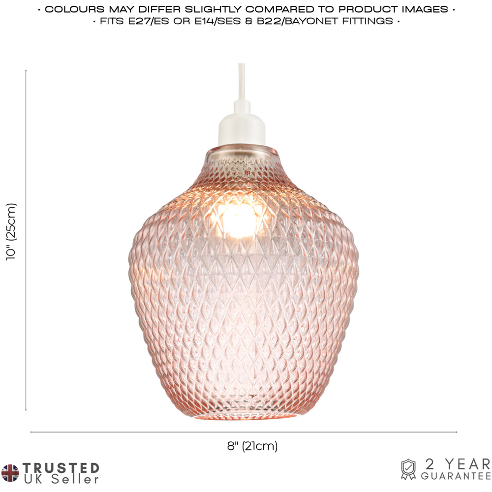 Happy Homewares Soft Blush Pink Curvy Diamond Etched Glass Pendant Shade Image 7