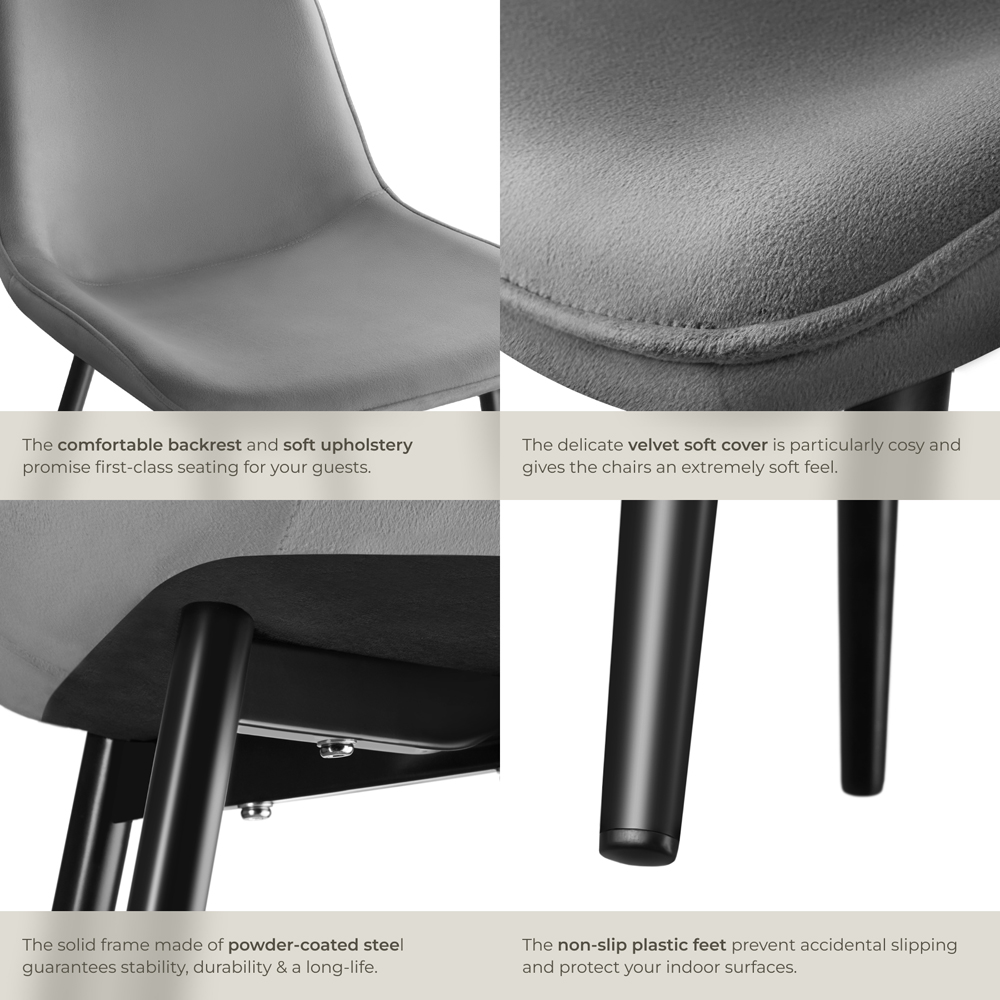 tectake Monroe Set of 2 Grey Velvet Padded Dining Chair Image 5