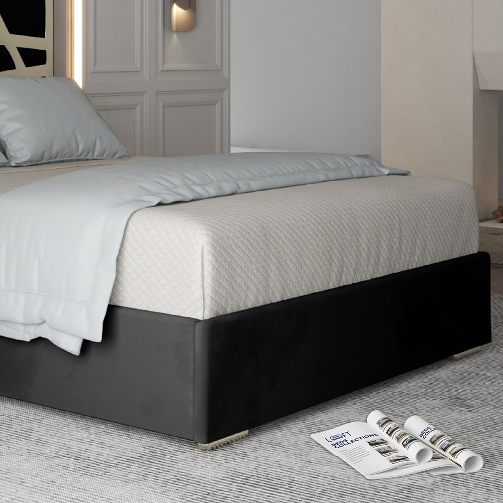 Arabella Black Single Velvet Upholstered Metal Bed Frame with Panelled Headboard Image 4