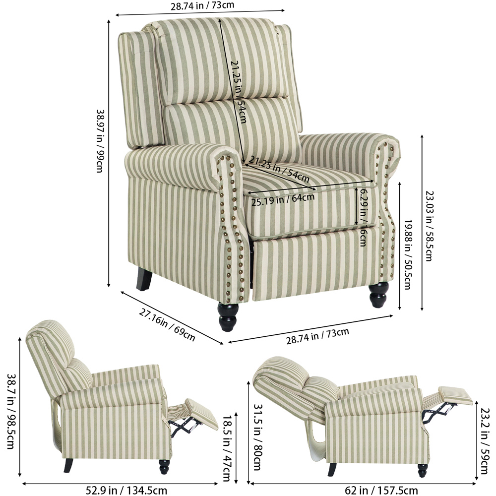 Living and Home Light Green Striped Wingback Recliner Armchair with Adjustable Backrest and Footrest Image 9