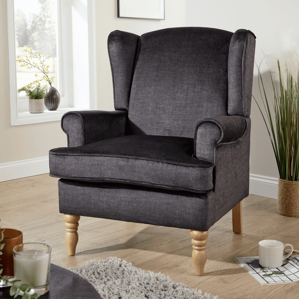 Home Source Helena Charcoal Wingback Armchair with Wooden Legs Image 7