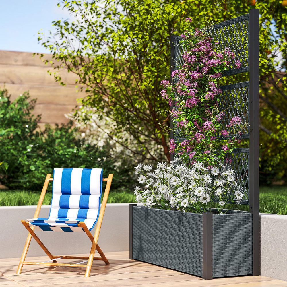 Outsunny Charcoal Grey Rattan Raised Garden Planter with Trellis Image 3