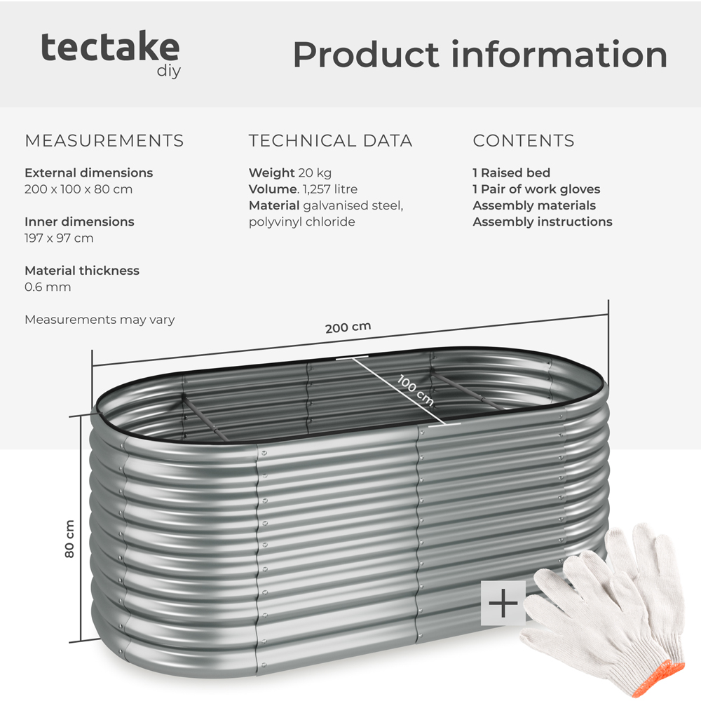 tectake Flormma 200 x 100cm Silver Galvanised Steel Raised Garden Bed Image 9