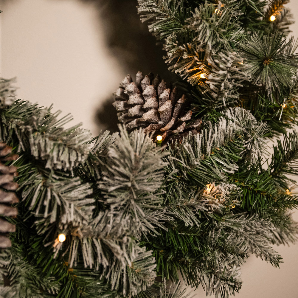 The Christmas Centre 50 Warm White LED Frosted Winterfold Fir Wreath with Pinecones 66cm Image 3