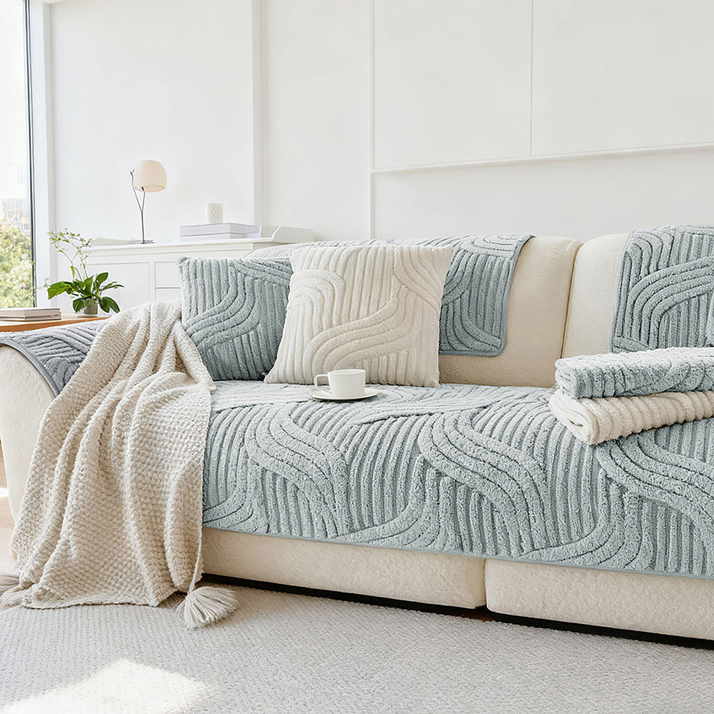Living and Home 90 x 90cm Light Grey Minimalist Wavy Geometric Non-Slip Sofa Mat Image 2