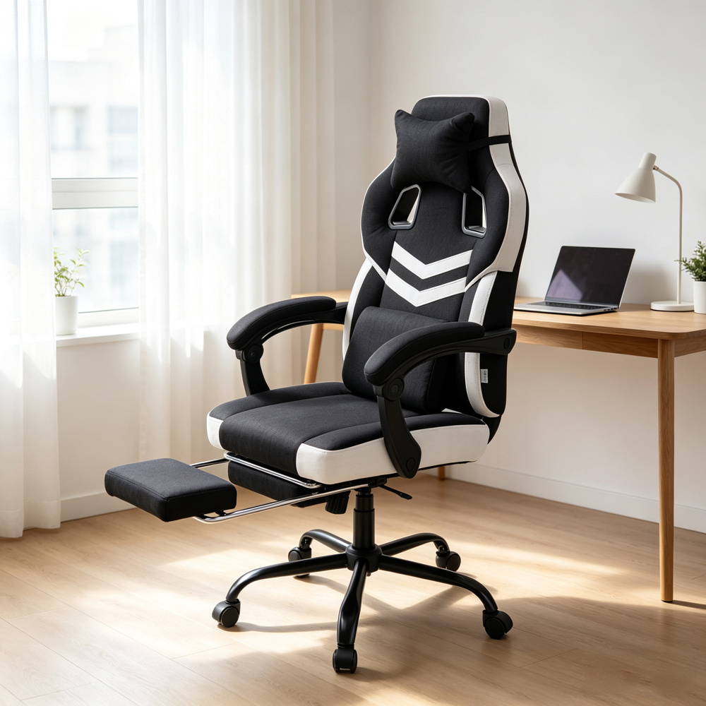 Living and Home Black and White Padded Gaming Chair with Footrest Image 7