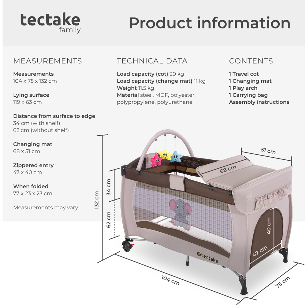 tectake Kids Brown Elephant Travel Cot with Changing Mat Image 8