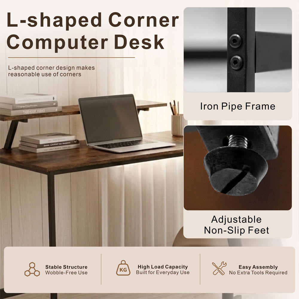 Abrihome Single Shelf Industrial Style L-Shaped Corner Computer Desk Brown Image 6