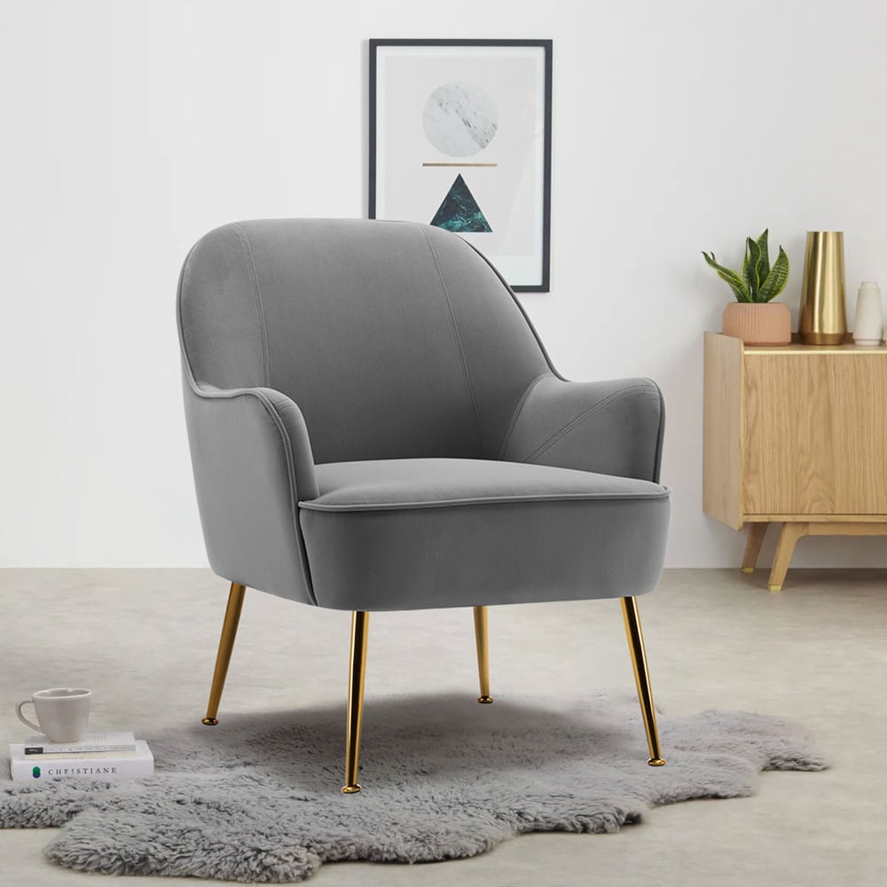Living and Home Modern Grey and Gold Velvet Upholstered Armchair Image 5