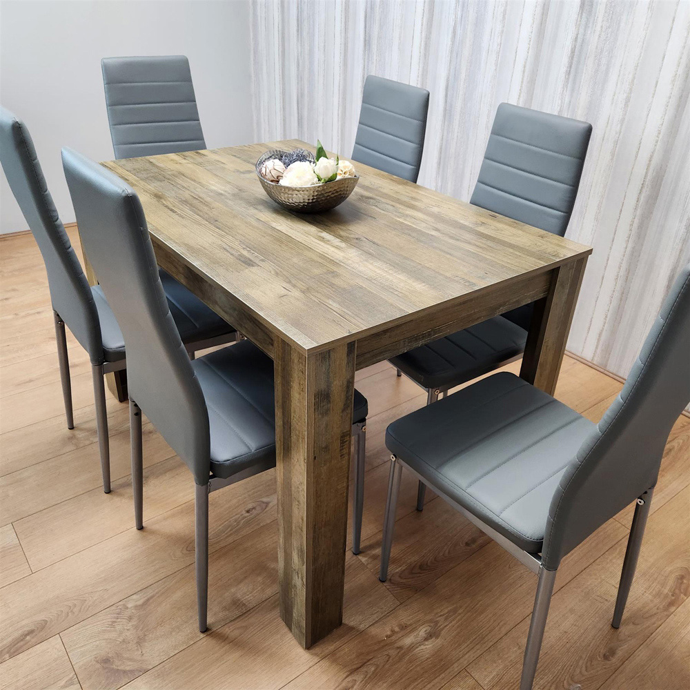 Portland 6 Seater Leather Dining Set Rustic Effect and Grey Image 5