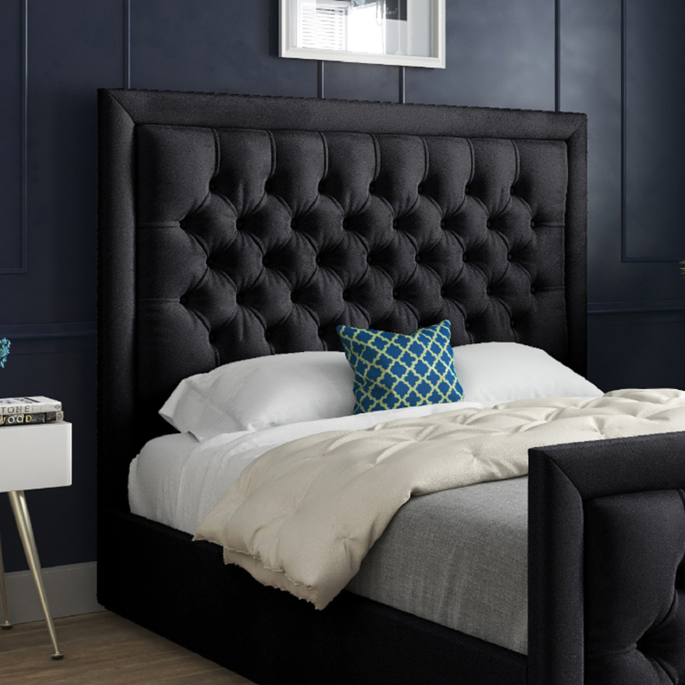 Rovigo King Size Black Soft Velvet Upholstered Bed Frame with Deep Buttoned Headboard Image 3