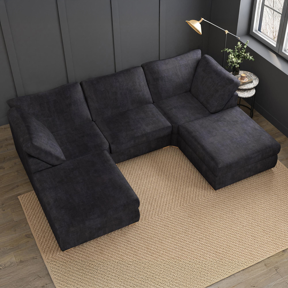 Nestle 5 Seater Ebony Plush Velvet Fixed Back U-Shape Sofa Image 7