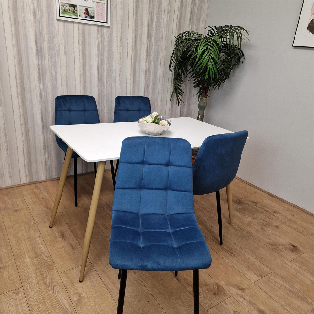 Portland 4 Seater Velvet Dining Set White and Blue Image 3