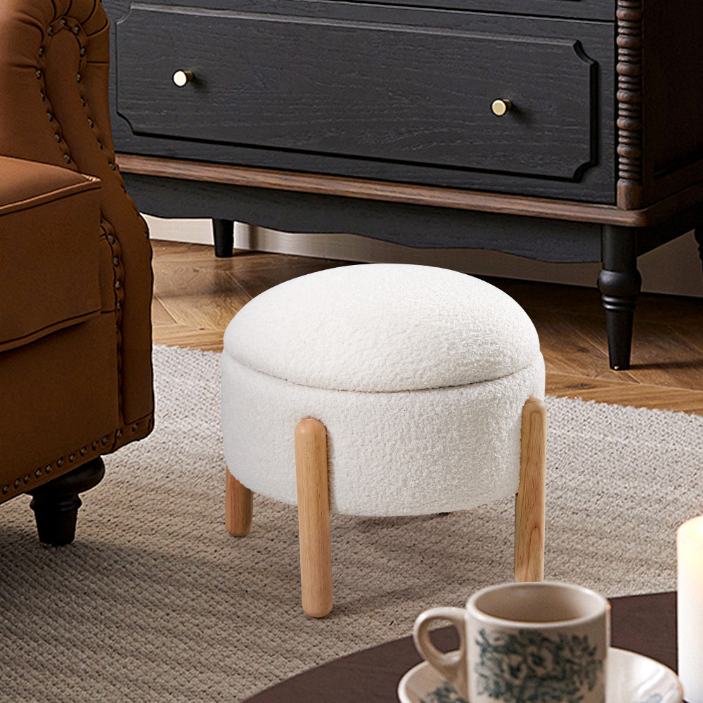 Living and Home White Round Teddy Fleece Storage Ottoman with Removable Lid Image 8