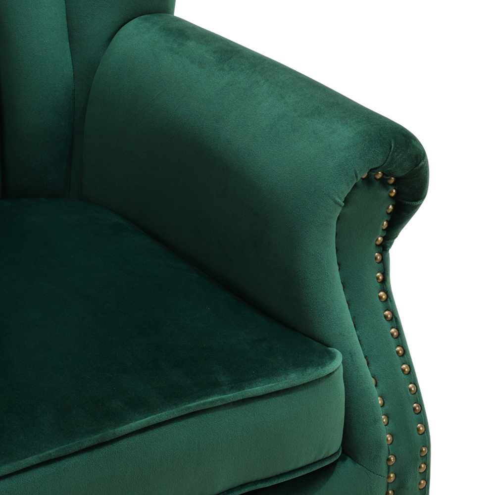 Living and Home Vintage Green Velvet Wingback Armchair with Studs Image 6
