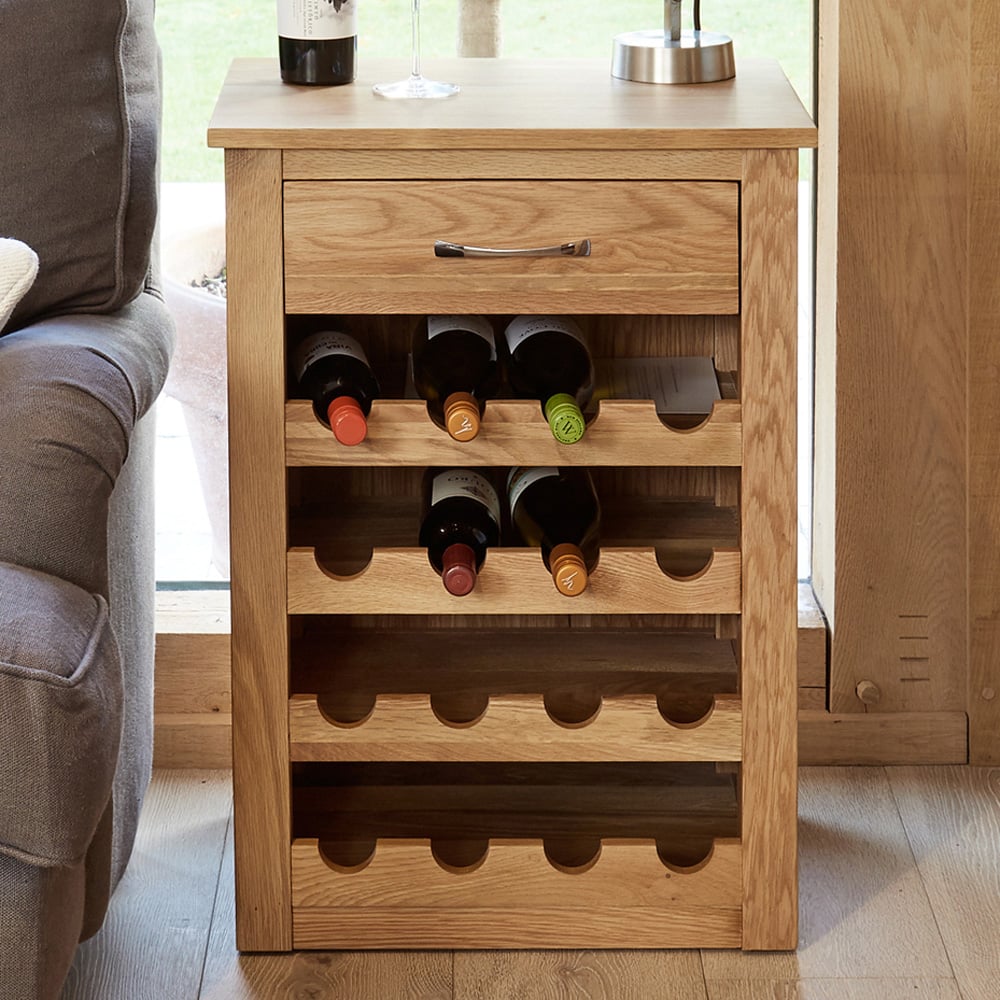 Baumhaus Mobel Single Drawer 16 Bottle Oak Wine Rack Lamp Table Image 1