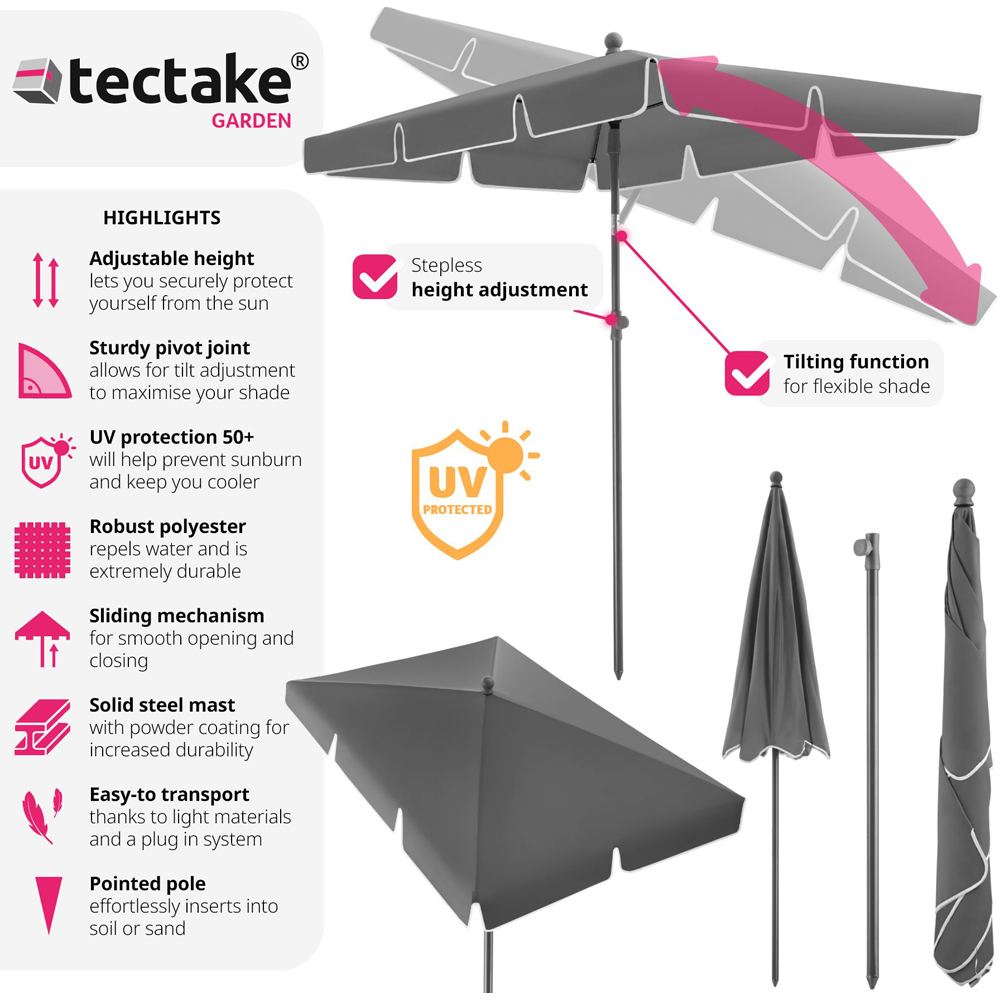 tectake Vanessa 200 x 125cm Grey Adjustable and Tiltable 50+ UV Parasol Image 6